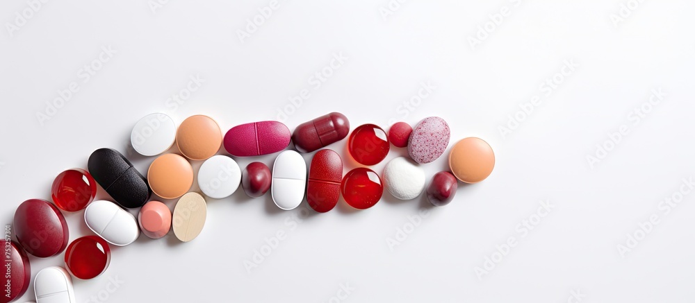 Aufkleber assorted medication pills arranged neatly on a clean white background
