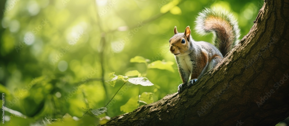 Aufkleber curious squirrel observing surroundings from lush tree branch in a peaceful forest setting