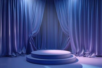 A blue stage with a curtain in the background. The curtain is open, revealing a stage with a...