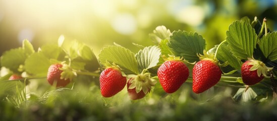 Vibrant Fresh Strawberries Scattered on White Background with Green Leaves - obrazy, fototapety, plakaty