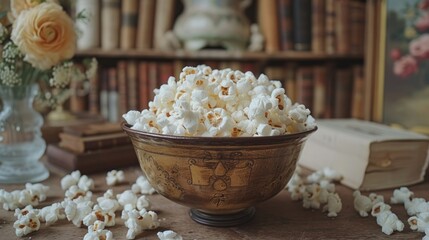 Fototapeta na wymiar a bowl filled with popcorn sitting on top of a table next to a vase filled with flowers and a book.