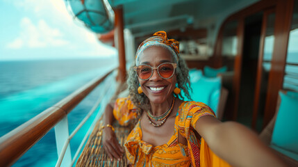 Cruise vacation concept. Positive beautiful matured black woman is making selfie on board of the ship. Selective focus. Copy space. 