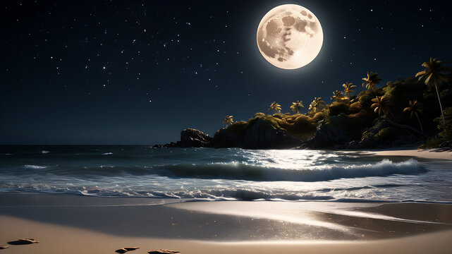 Picture a quiet beach at night, bathed in the soft glow of a full moon and countless stars. The rhythmic sound of gentle waves lapping against the shore harmonizes with the distant calls of nocturnal 