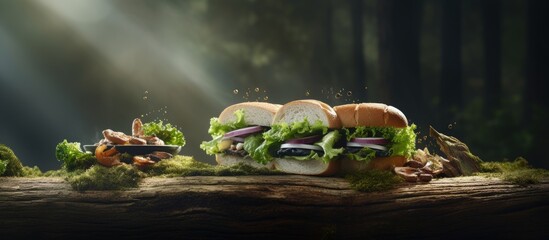 Delicious Gourmet Sandwich with Lettuce and Cheese, Served on a Rustic Wooden Board