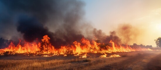 Fototapeta na wymiar Intense Fire Conflagration Engulfs Dry Grassland Field with Billowing Smoke Columns