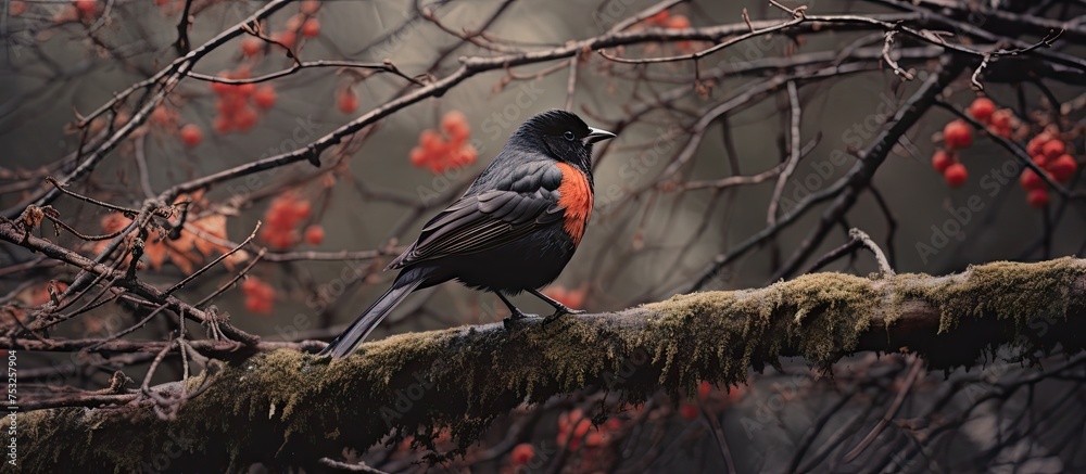 Poster vibrant bird perching on a tree branch surrounded by scarlet berries