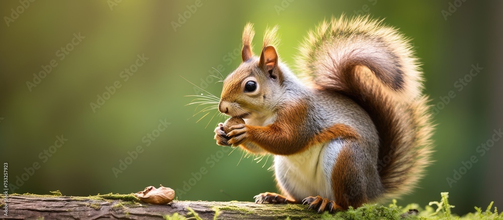 Poster curious squirrel enjoying a nut feast on a mossy tree trunk in the forest
