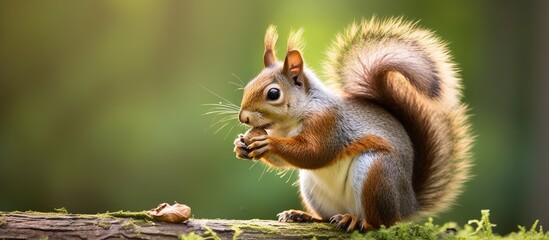 Obraz premium Curious Squirrel Enjoying a Nut Feast on a Mossy Tree Trunk in the Forest