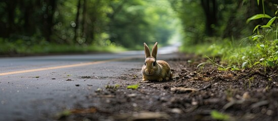 Naklejka na ściany i meble Curious bunny gazes from beside country road - Wildlife photography concept