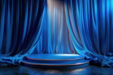 A blue curtain with a spotlight shining on it. The curtain is open to reveal a stage with a blue platform