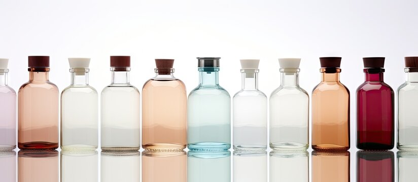 Vibrant Array of Bottles Filled with Colorful Liquids, Chemical Laboratory Experiment Concept
