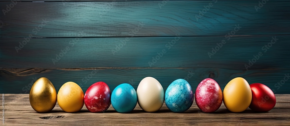 Aufkleber vibrant easter eggs displayed on a rustic wooden table setting