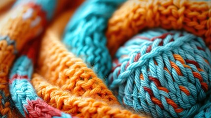 a close up of a multicolored crochet pattern on a piece of cloth with a blurry background. - obrazy, fototapety, plakaty