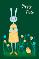Happy easter. Hare, rabbit, eggs, flowers. Easter concept. Template for card, poster, banner, paper, textile. Vector illustration in modern style.