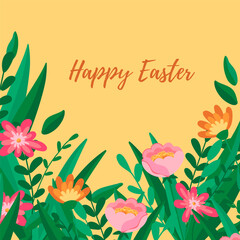 Happy Easter, spring delicate flowers, leaves. Easter concept. Template for card, poster, banner, textile, paper, print. Vector illustration in modern style.