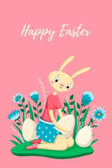 Cute Easter bunny, eggs, flowers, plants. Happy easter. Template for card, textile, banner, poster, paper. Vector illustration in modern style