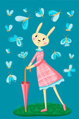Cute rabbit in a pink dress on a green meadow, butterflies. Easter concept. Template for card, poster, banner, textile, paper, print. Vector illustration in modern style.