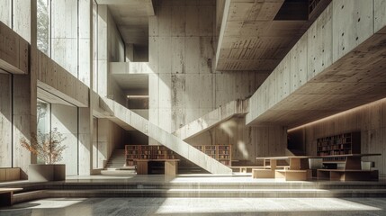 An interior shot of a brutalist library, focusing on the bold use of concrete and minimalistic design elements.