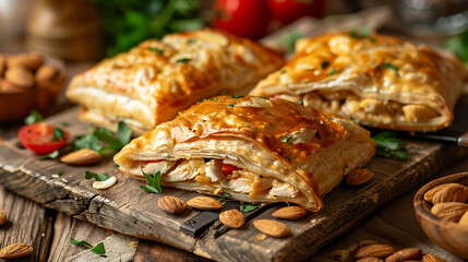 pastilla pastry filled with chicken and almonds - obrazy, fototapety, plakaty