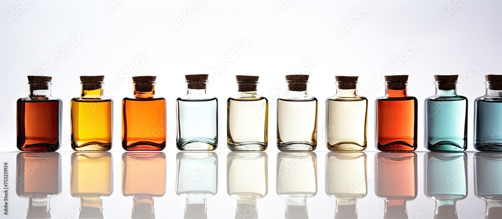 Fototapete vibrant bottles display various colored liquids line up on a shelf