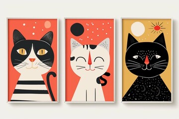 Set of retro posters in Mid Century modern style with cute cats drawing. Vintage vector illustrations of Atomic Cats for printable wall arts, cards, decoration