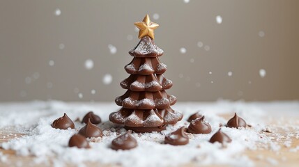 a chocolate christmas tree with a star on top of it, surrounded by chocolate candies and powdered sugar.