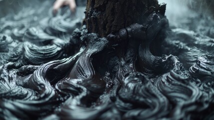 a close up of a tree in a body of water with a person's hand on top of it. - obrazy, fototapety, plakaty