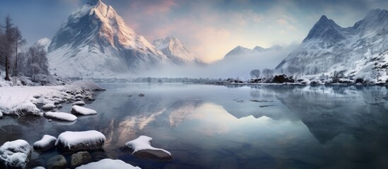 Majestic Snow-Capped Mountain Range Towering Over Serene Valley Landscape - obrazy, fototapety, plakaty