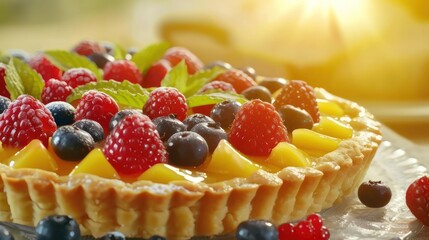 a close up of a fruit tart on a plate with berries, raspberries, and blueberries.