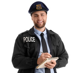 Obraz premium Male police officer with notebook on white background