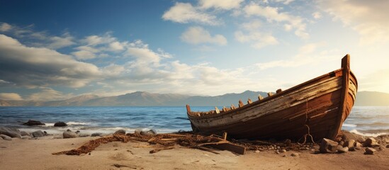 Fototapeta na wymiar Serene Boat Resting on Sandy Shoreline of Tropical Beach Against Clear Blue Sky Background