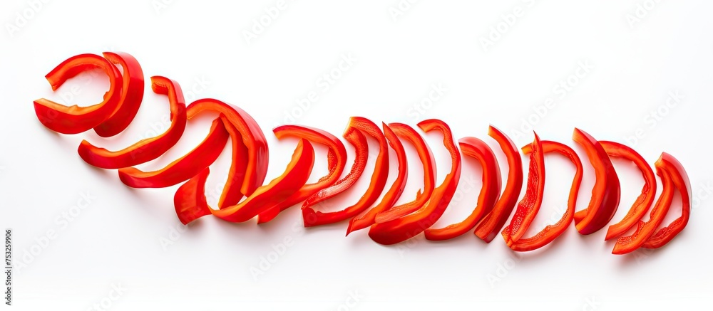 Poster vibrant sliced red peppers arranged in a fresh composition on clean white background