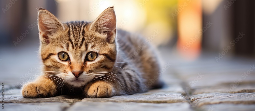 Poster curious kitten captivated by the camera while laying on the ground