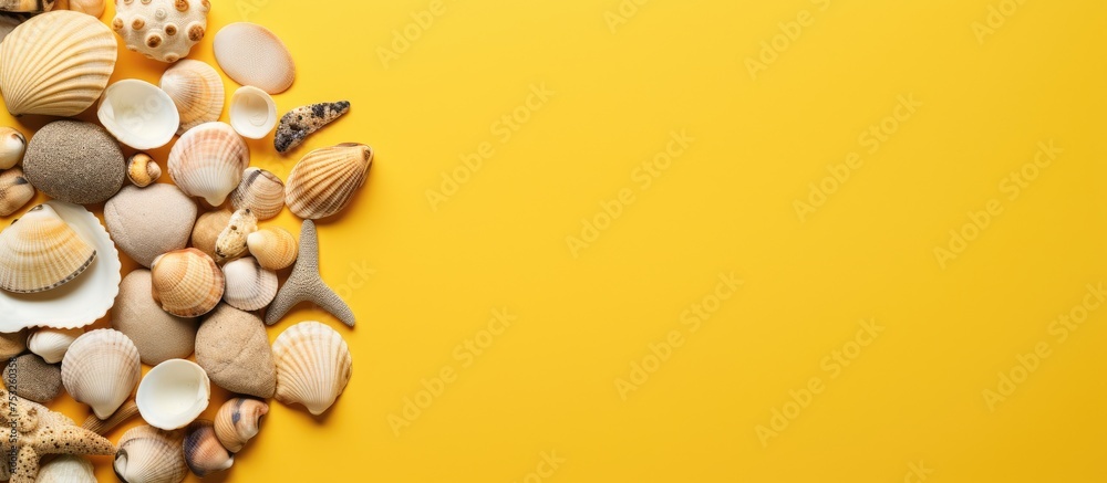 Poster mesmerizing collection of oceanic treasures displayed on vibrant yellow background