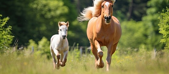 Graceful Equine Beauty: Two Majestic Horses Galloping Freely in a Vast Green Field