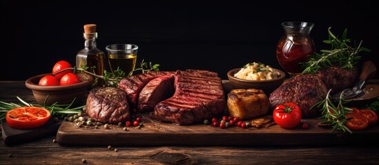 Artisanal Food Preparation: Wooden Cutting Board Showcasing Array of Fresh Meat and Colorful Vegetables