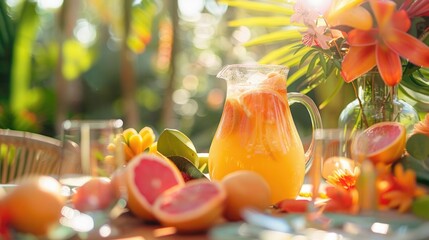 An outdoor summer brunch scene featuring a chic glass pitcher filled with an invigorating cocktail made from freshly squeezed orange juice, coconut water, and a splash of Rhodiola rosea tincture.