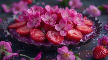 a close up of a bowl of strawberries with pink flowers on the side of the bowl and a strawberry on the other side of the bowl.