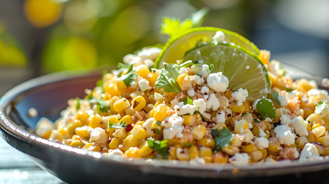 Fresh mexican street corn salad with lime wedge