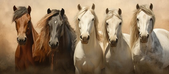 Majestic Herd of Horses Aligned in a Harmonious Formation on the Ranch