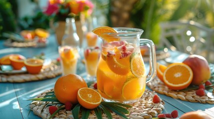 An outdoor summer brunch scene featuring a chic glass pitcher filled with an invigorating cocktail made from freshly squeezed orange juice, coconut water, and a splash of Rhodiola rosea tincture.
