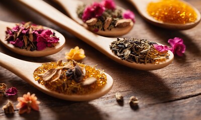 Fototapeta na wymiar Variety of herbs and spices in wooden spoons on wooden table