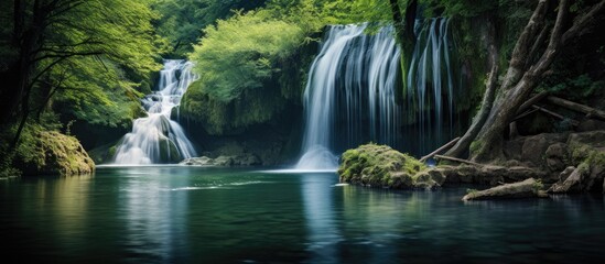 Serene Waterfall Cascading in Lush Green Forest - Nature's Tranquil Beauty