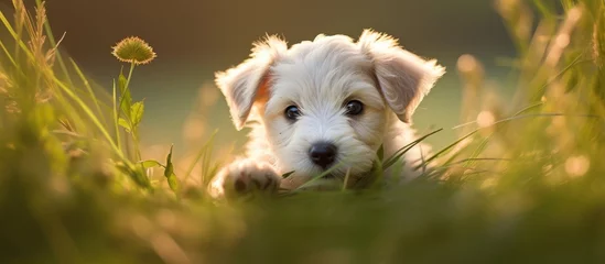 Foto op Canvas Serene Moment: Little White Dog Rests in Verdant Grass Field Under the Warm Sunlight © vxnaghiyev