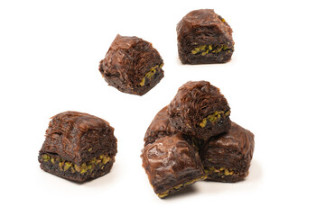Turkish chocolate baklava isolated on white background.