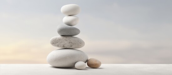 Fototapeta na wymiar Zen Balance: Serene Zen Stone Tower Standing Tall on a Pile of Pebbles