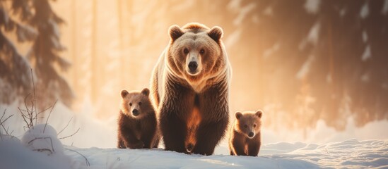 Majestic Brown Bear and Cute Cubs Roaming Freely in the Glistening Snowy Landscape