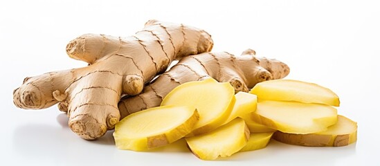 Aromatic Sliced Ginger Root - Fresh and Fragrant Ingredient for Culinary Delights - obrazy, fototapety, plakaty