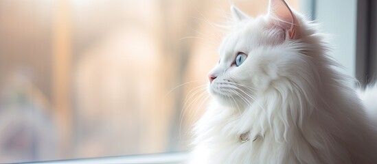 Elegant White Cat Posing on Window Sill Against Urban Background