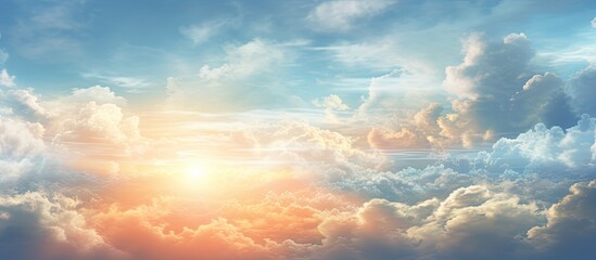 Vibrant Sky with Fluffy Clouds Illuminated by Bright Sunlight - obrazy, fototapety, plakaty